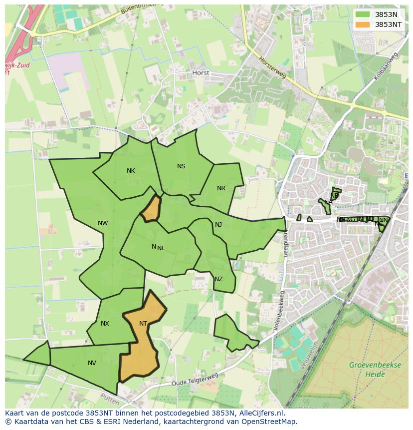 Afbeelding van het postcodegebied 3853 NT op de kaart.