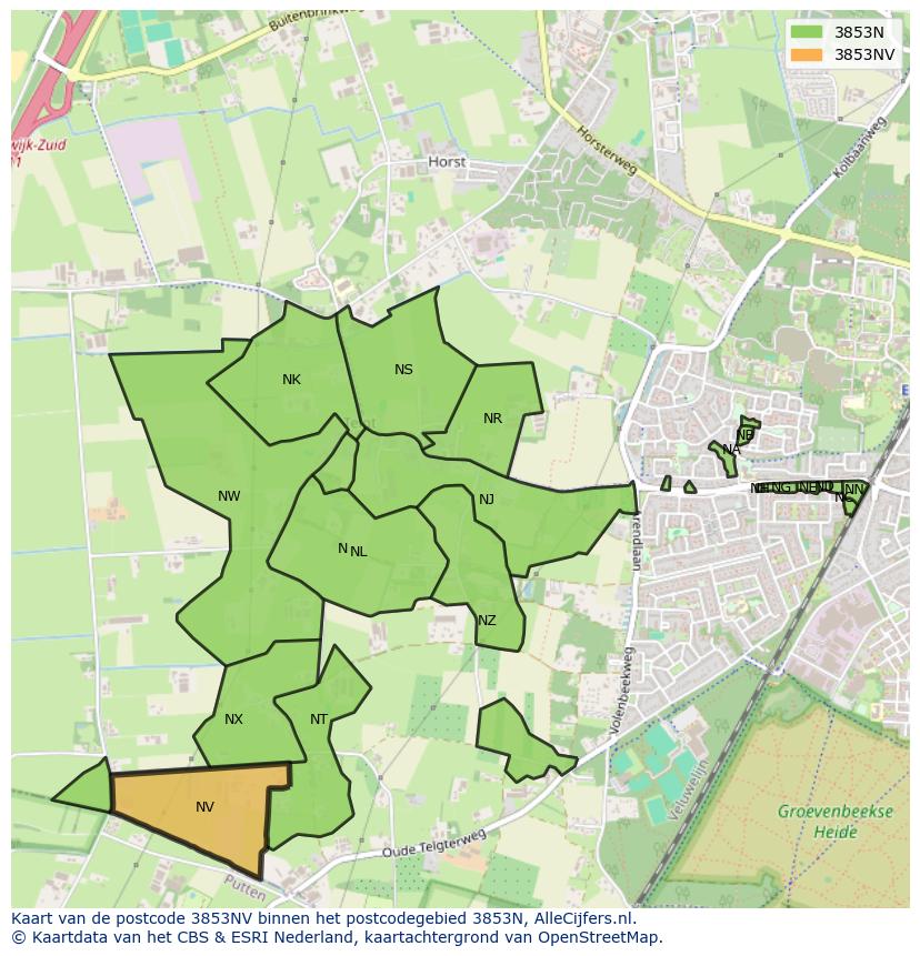 Afbeelding van het postcodegebied 3853 NV op de kaart.