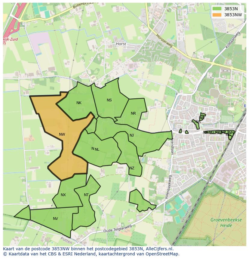 Afbeelding van het postcodegebied 3853 NW op de kaart.