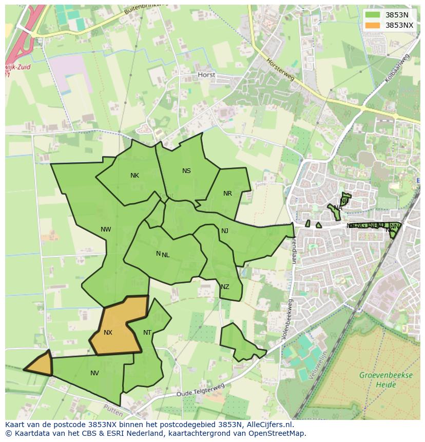 Afbeelding van het postcodegebied 3853 NX op de kaart.
