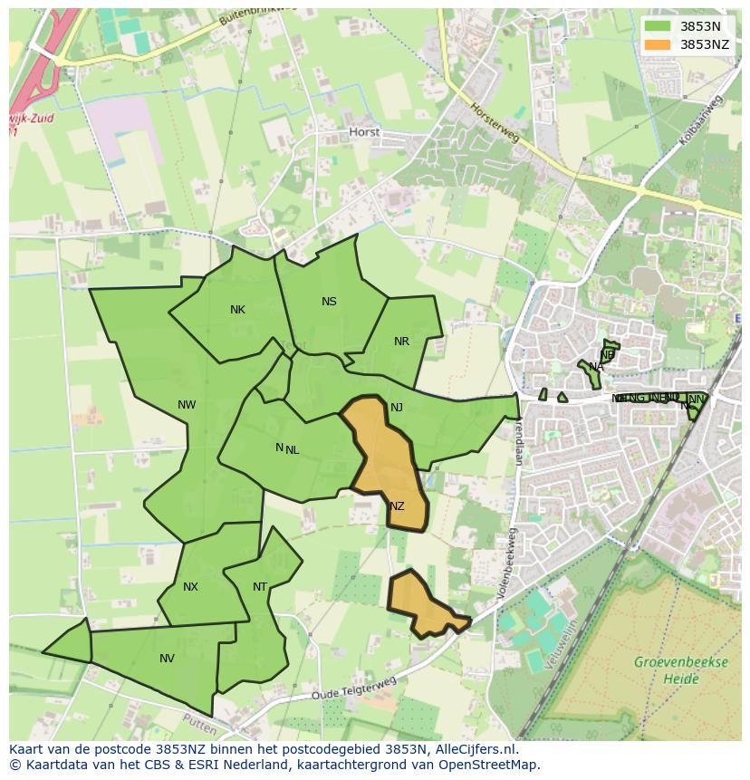 Afbeelding van het postcodegebied 3853 NZ op de kaart.