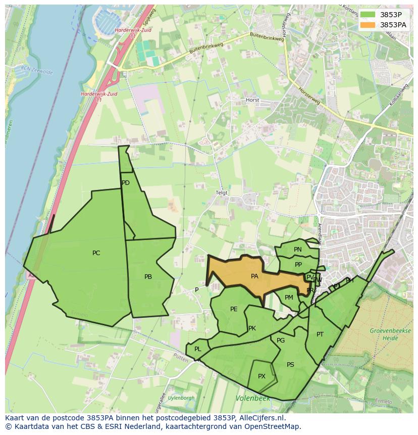 Afbeelding van het postcodegebied 3853 PA op de kaart.