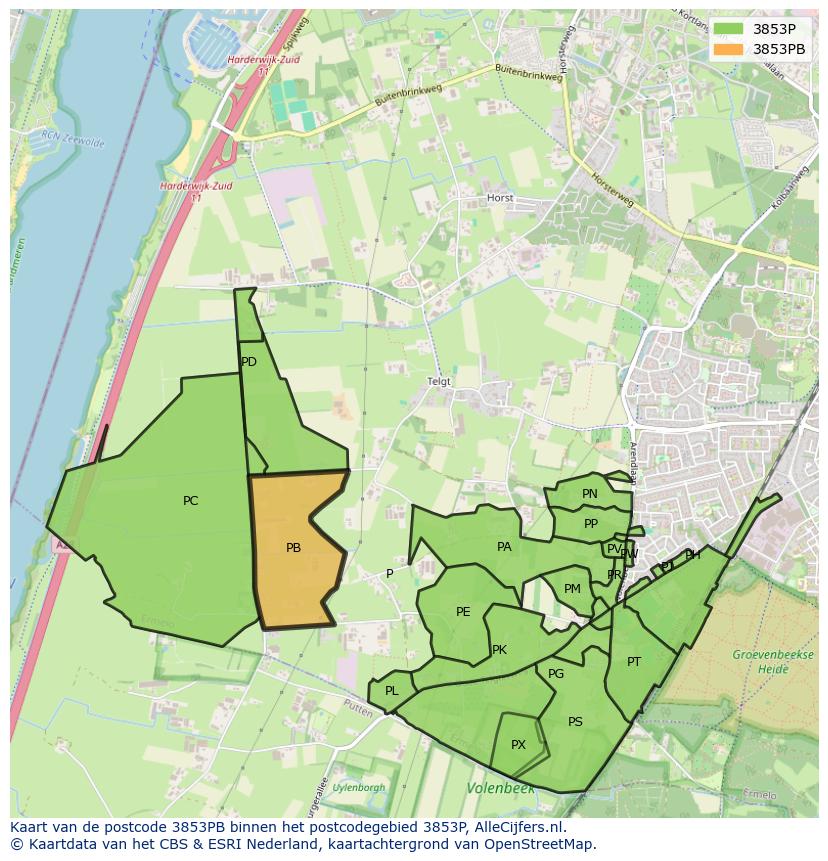 Afbeelding van het postcodegebied 3853 PB op de kaart.