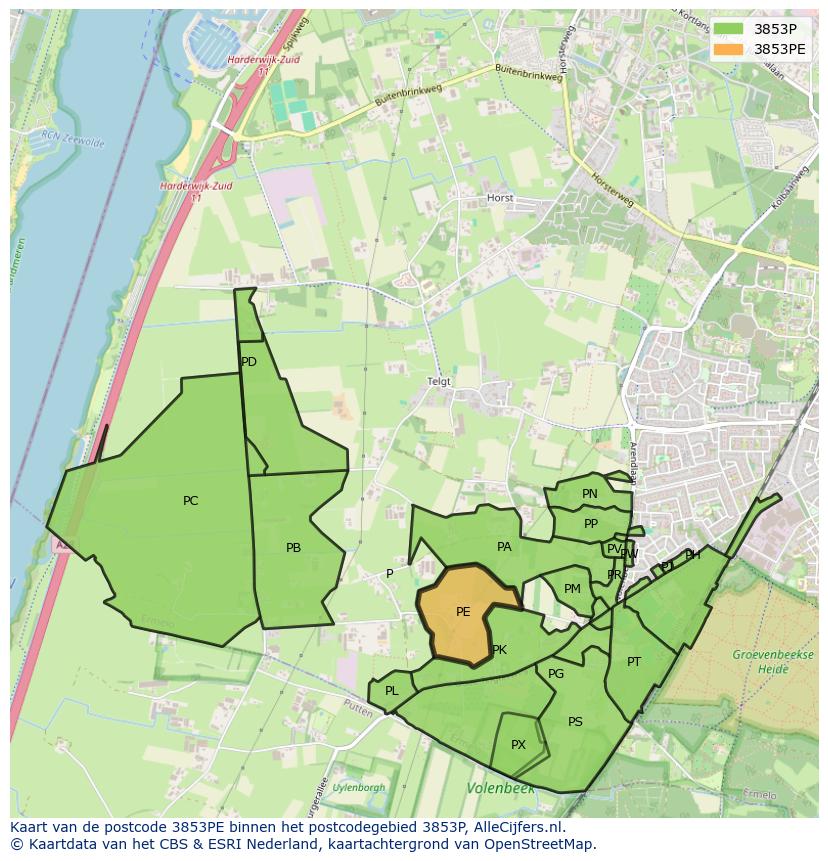 Afbeelding van het postcodegebied 3853 PE op de kaart.