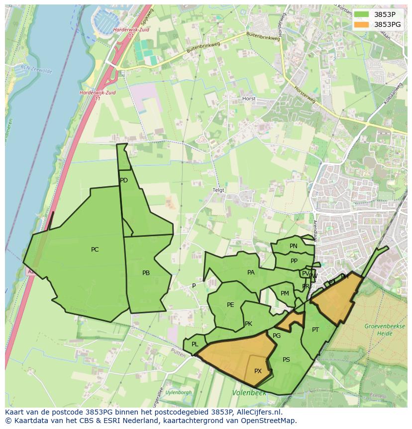 Afbeelding van het postcodegebied 3853 PG op de kaart.