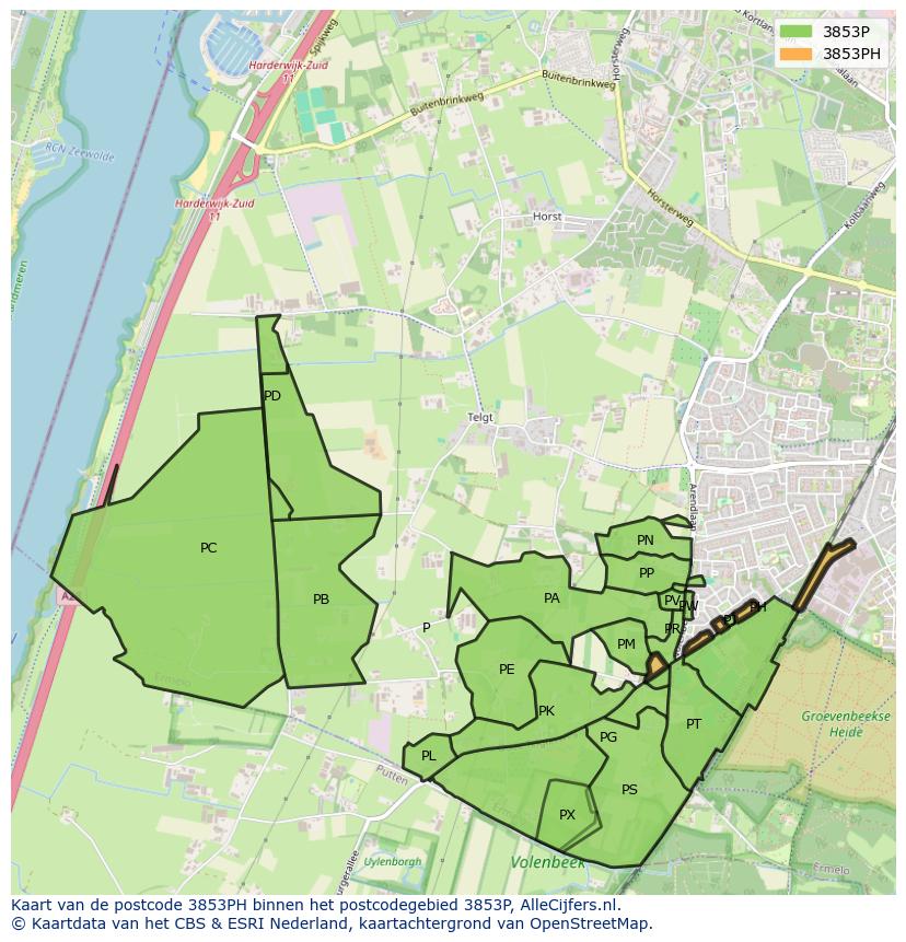 Afbeelding van het postcodegebied 3853 PH op de kaart.