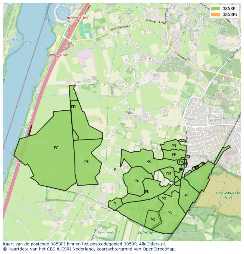 Afbeelding van het postcodegebied 3853 PJ op de kaart.