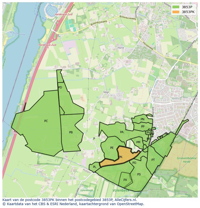 Afbeelding van het postcodegebied 3853 PK op de kaart.