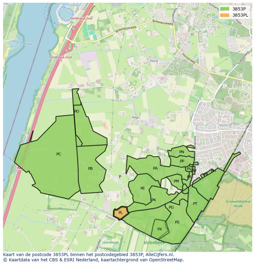 Afbeelding van het postcodegebied 3853 PL op de kaart.