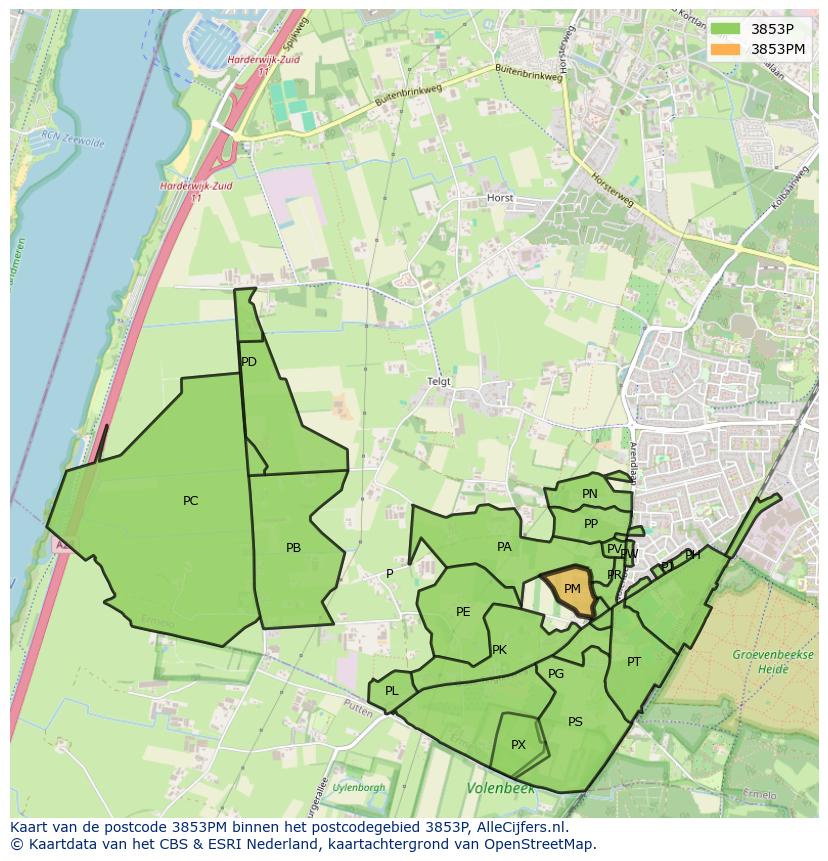 Afbeelding van het postcodegebied 3853 PM op de kaart.
