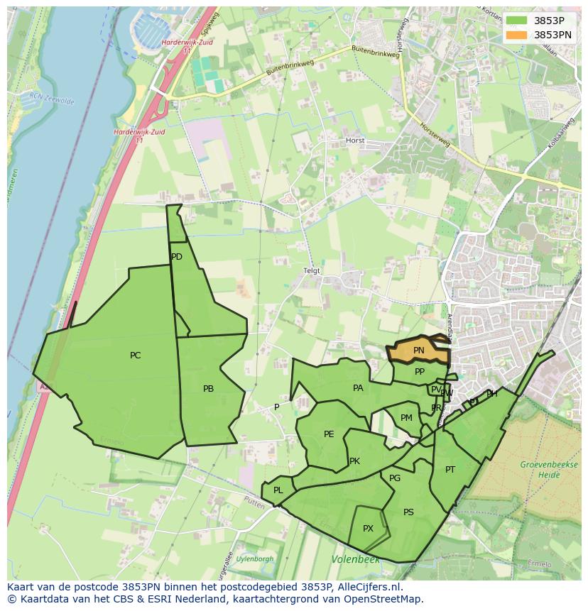 Afbeelding van het postcodegebied 3853 PN op de kaart.