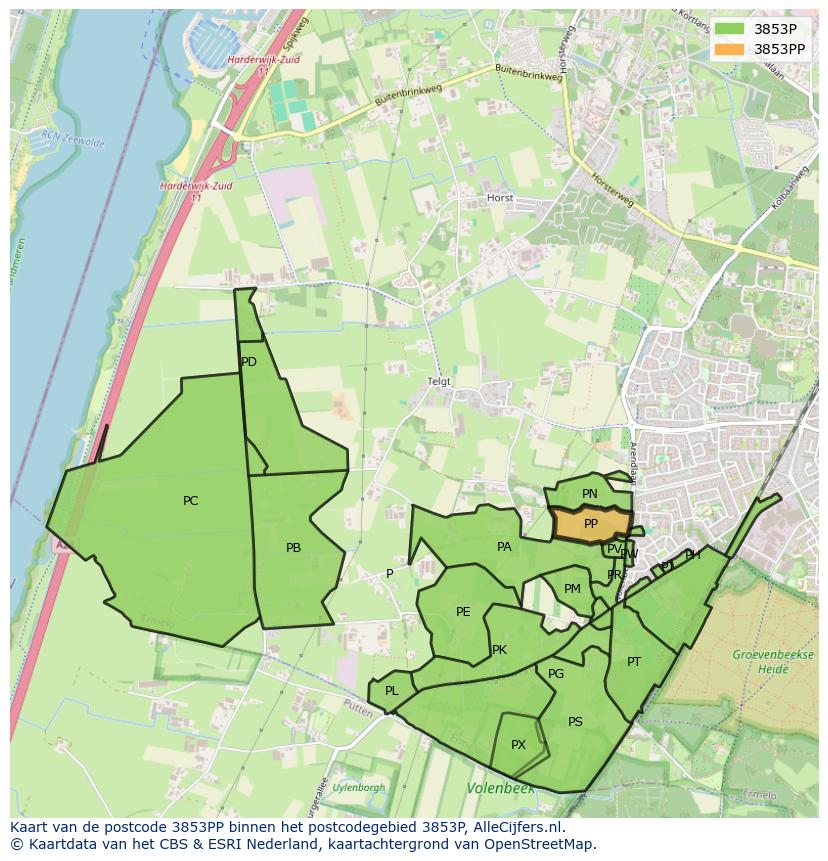 Afbeelding van het postcodegebied 3853 PP op de kaart.