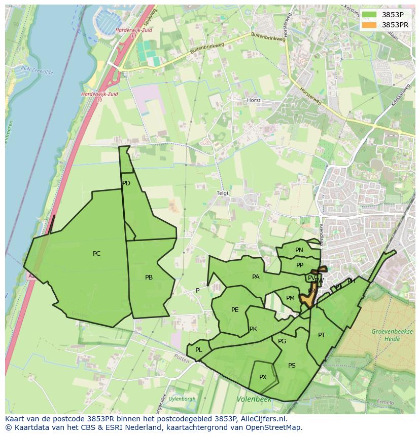 Afbeelding van het postcodegebied 3853 PR op de kaart.