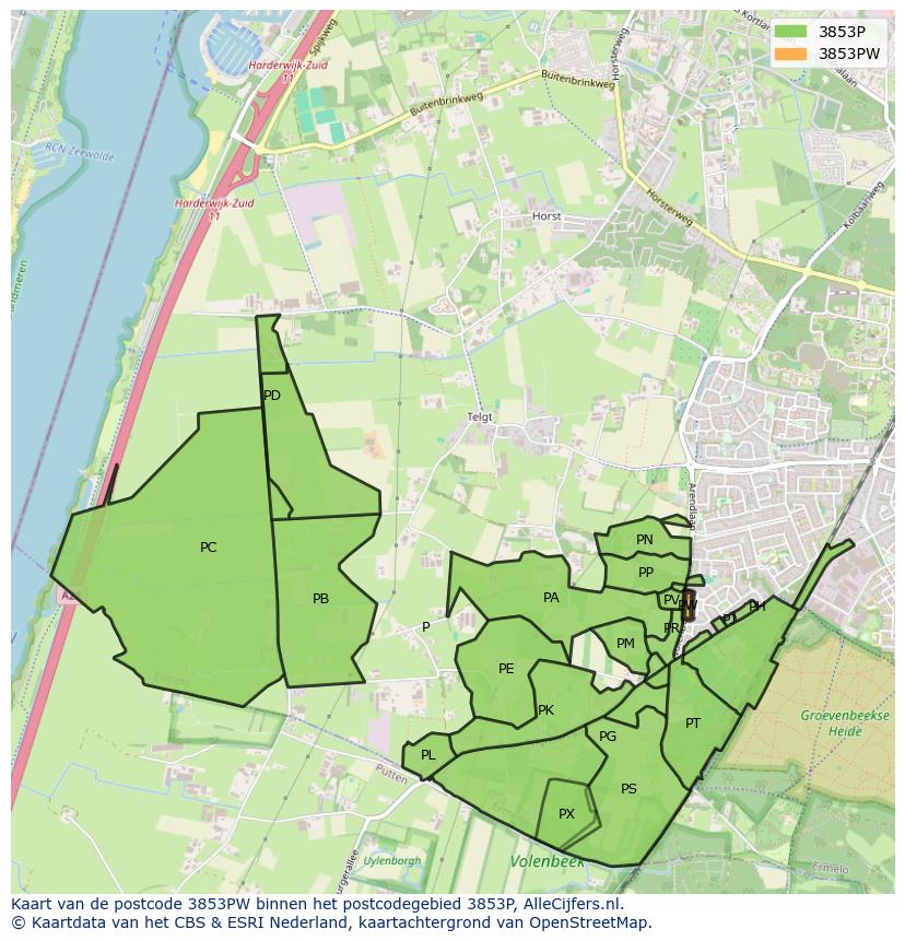 Afbeelding van het postcodegebied 3853 PW op de kaart.