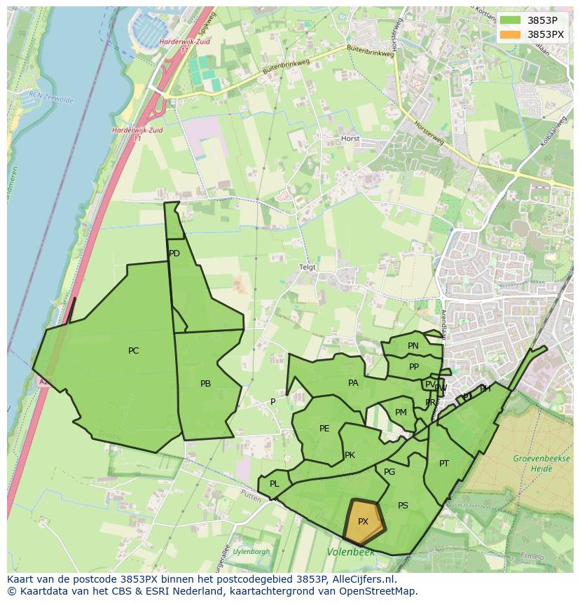 Afbeelding van het postcodegebied 3853 PX op de kaart.