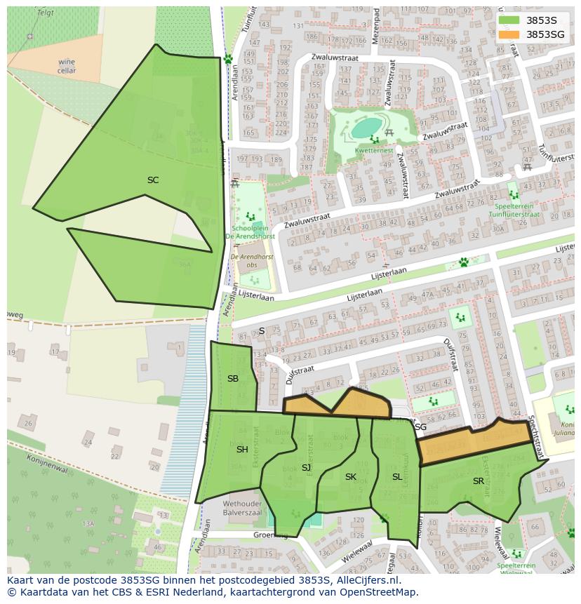 Afbeelding van het postcodegebied 3853 SG op de kaart.