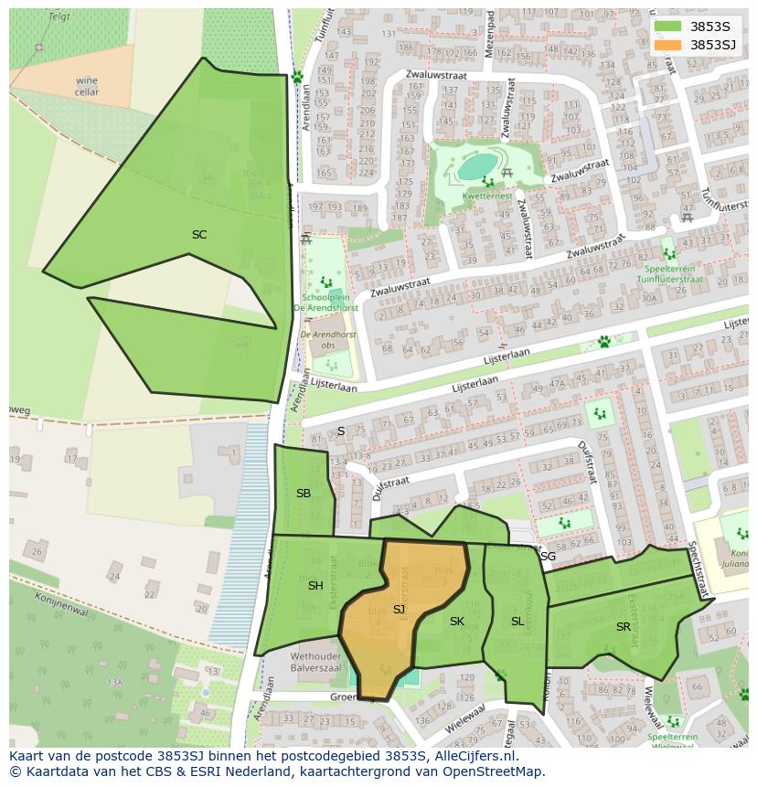 Afbeelding van het postcodegebied 3853 SJ op de kaart.