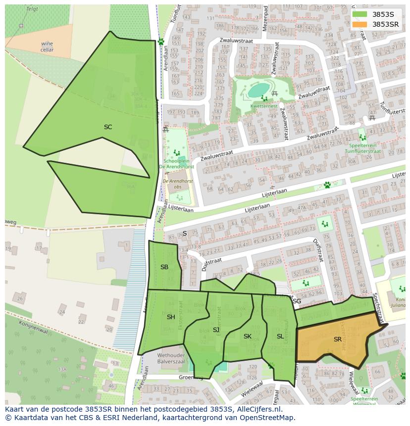 Afbeelding van het postcodegebied 3853 SR op de kaart.