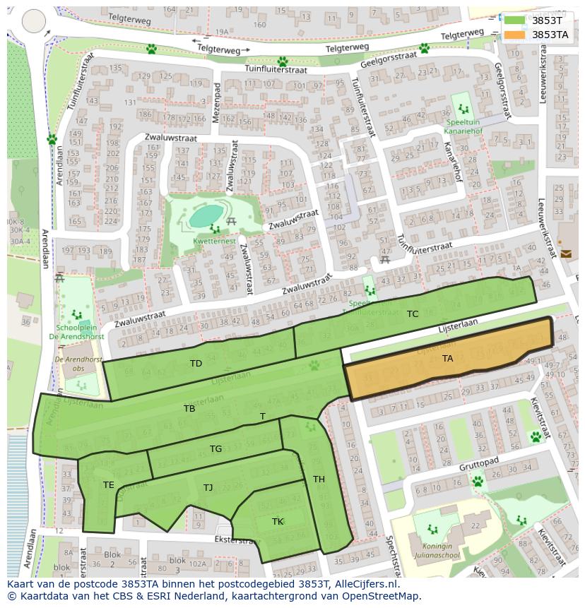 Afbeelding van het postcodegebied 3853 TA op de kaart.