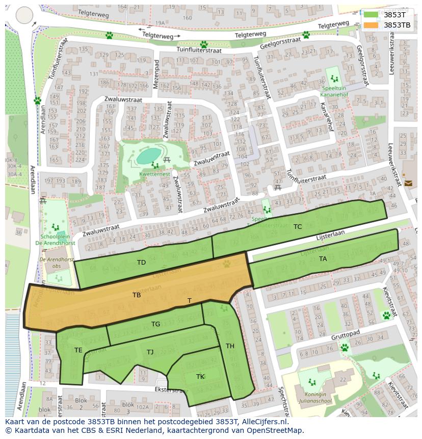 Afbeelding van het postcodegebied 3853 TB op de kaart.