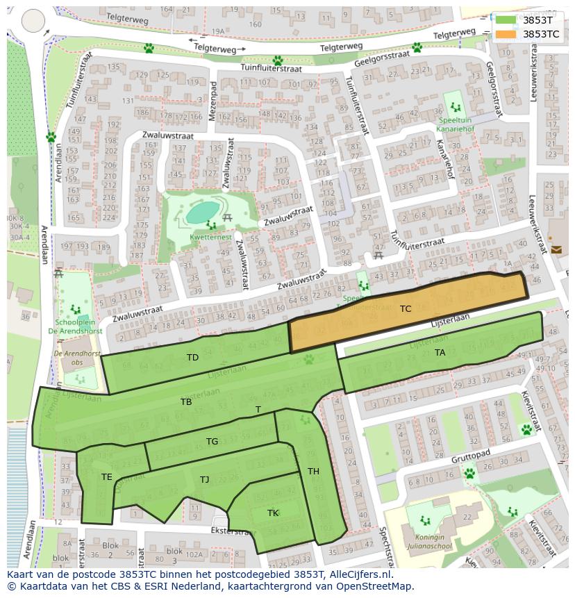 Afbeelding van het postcodegebied 3853 TC op de kaart.