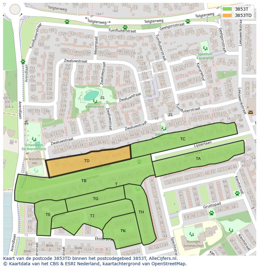 Afbeelding van het postcodegebied 3853 TD op de kaart.
