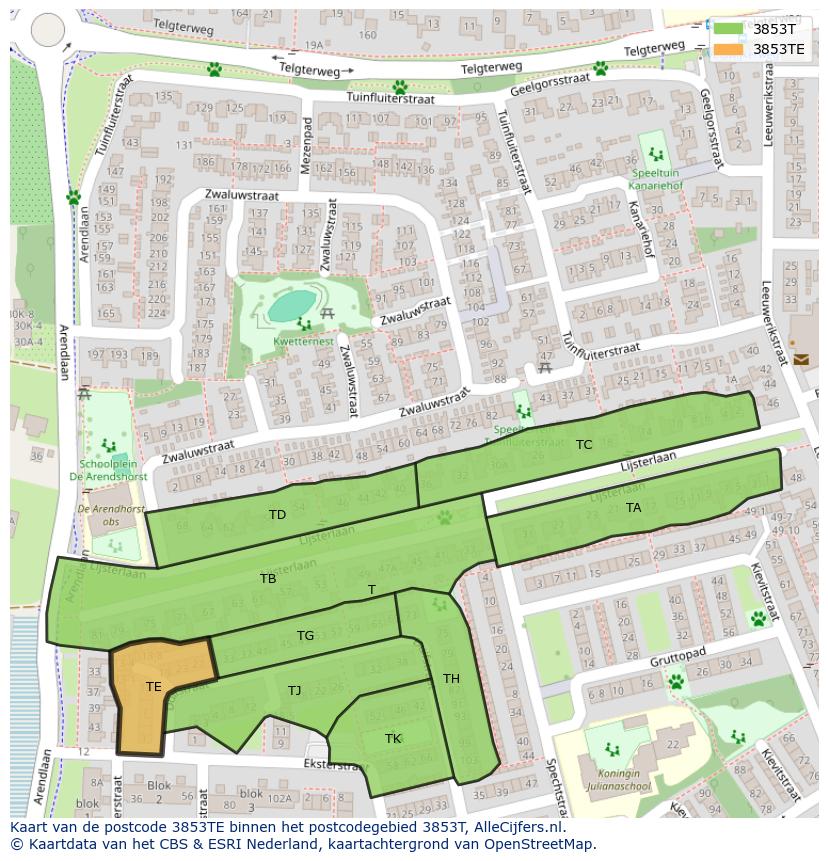 Afbeelding van het postcodegebied 3853 TE op de kaart.