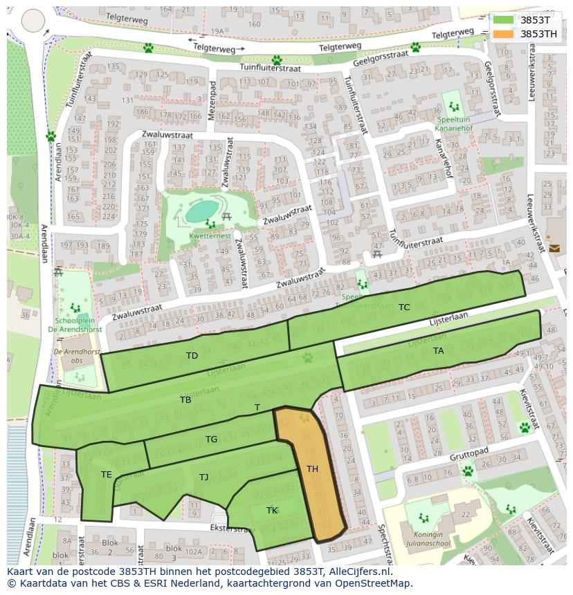 Afbeelding van het postcodegebied 3853 TH op de kaart.