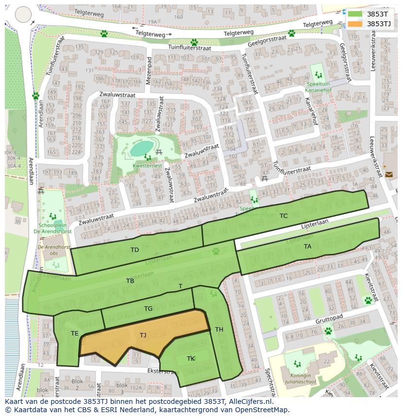 Afbeelding van het postcodegebied 3853 TJ op de kaart.