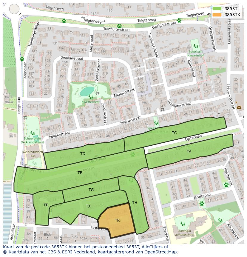 Afbeelding van het postcodegebied 3853 TK op de kaart.