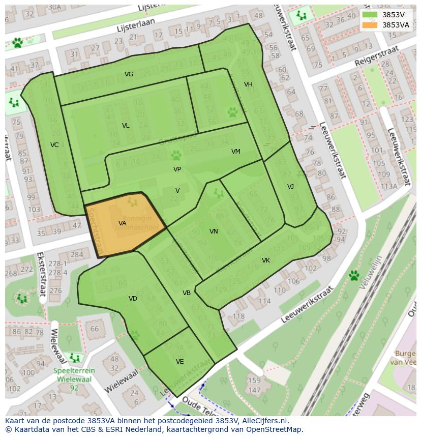 Afbeelding van het postcodegebied 3853 VA op de kaart.