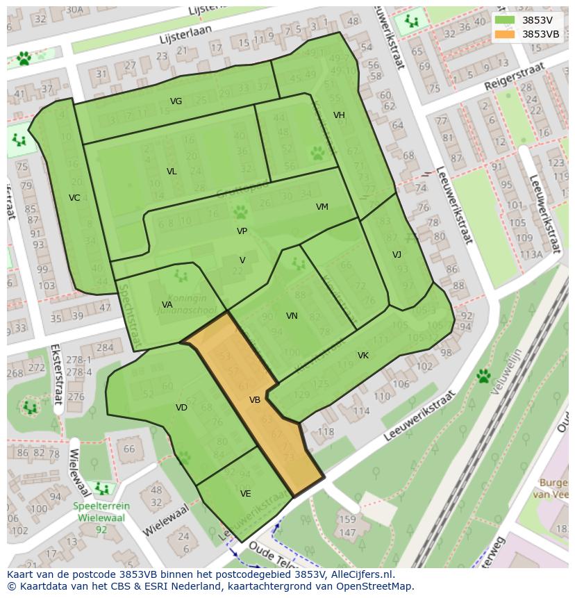 Afbeelding van het postcodegebied 3853 VB op de kaart.