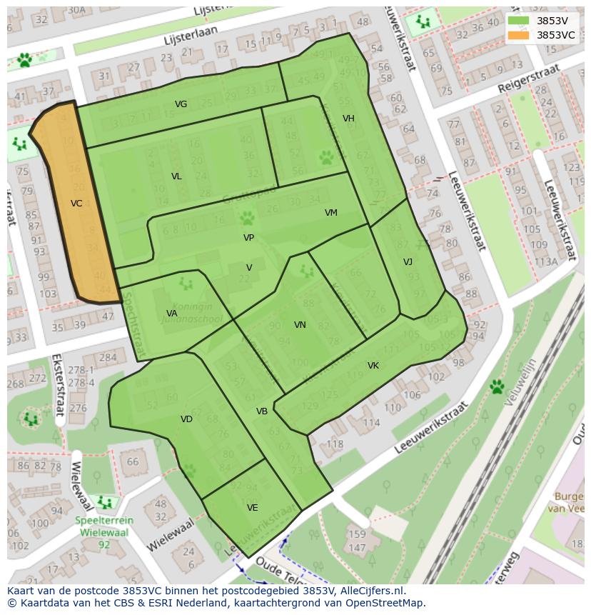 Afbeelding van het postcodegebied 3853 VC op de kaart.