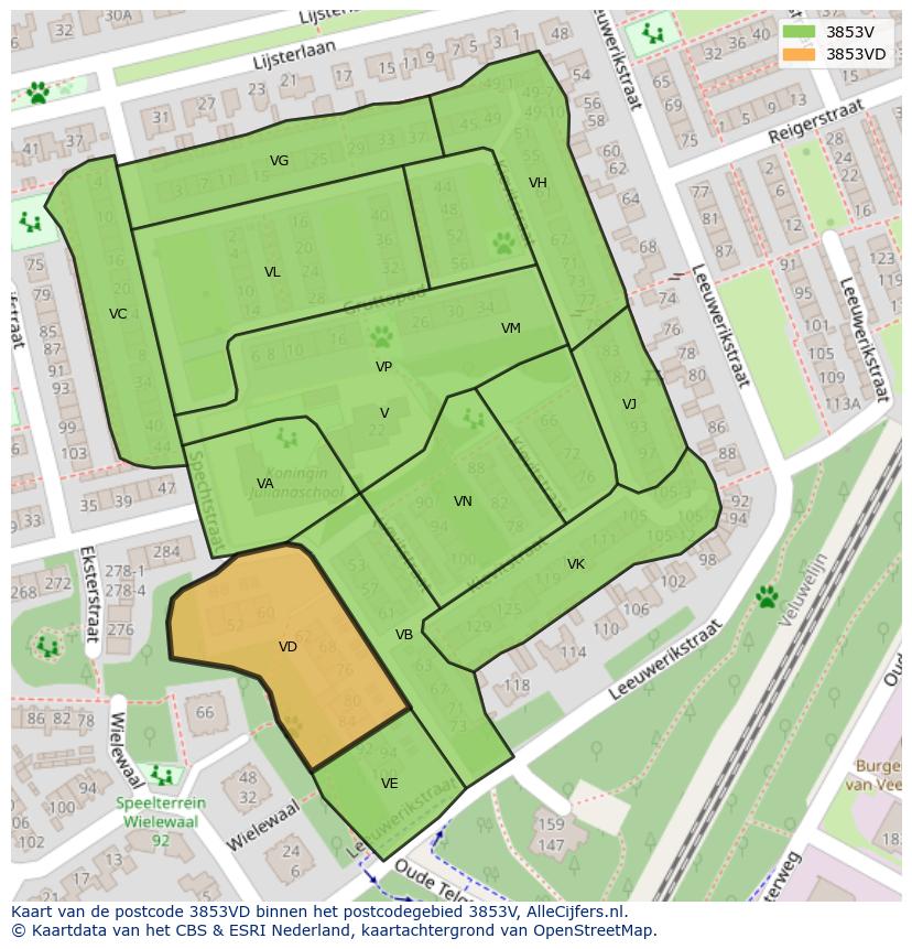 Afbeelding van het postcodegebied 3853 VD op de kaart.