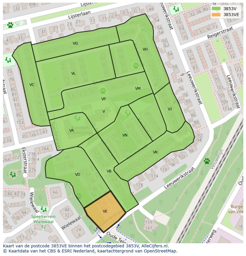 Afbeelding van het postcodegebied 3853 VE op de kaart.