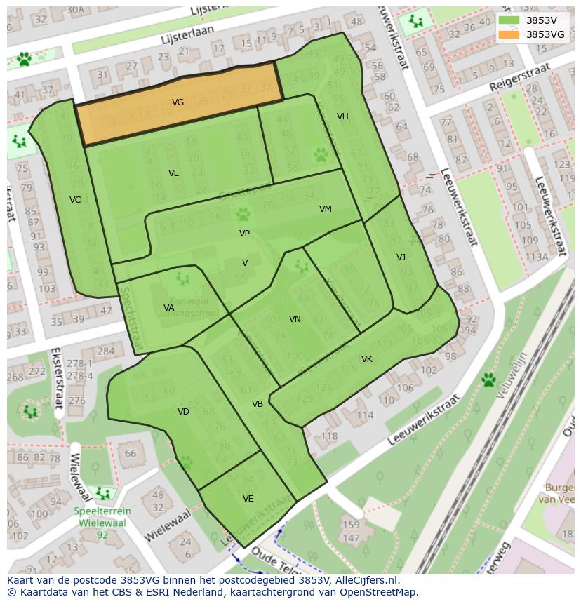 Afbeelding van het postcodegebied 3853 VG op de kaart.