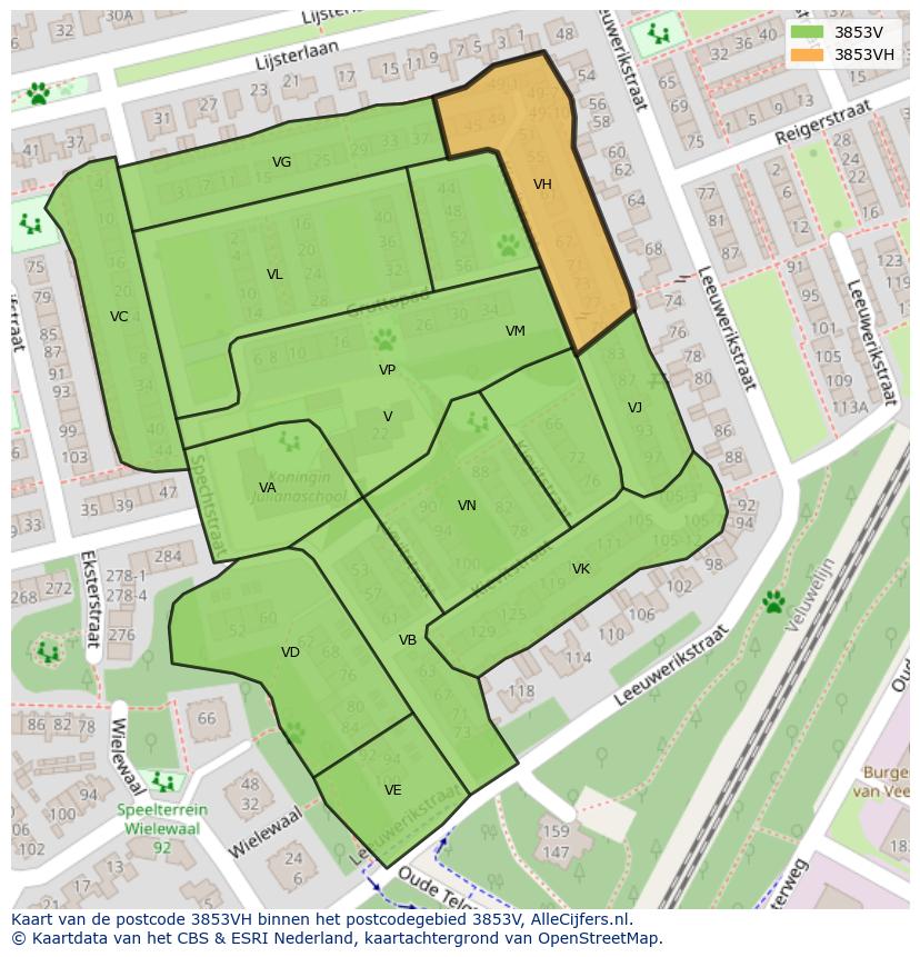 Afbeelding van het postcodegebied 3853 VH op de kaart.