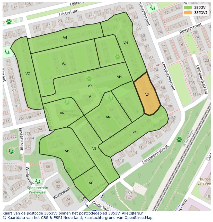 Afbeelding van het postcodegebied 3853 VJ op de kaart.