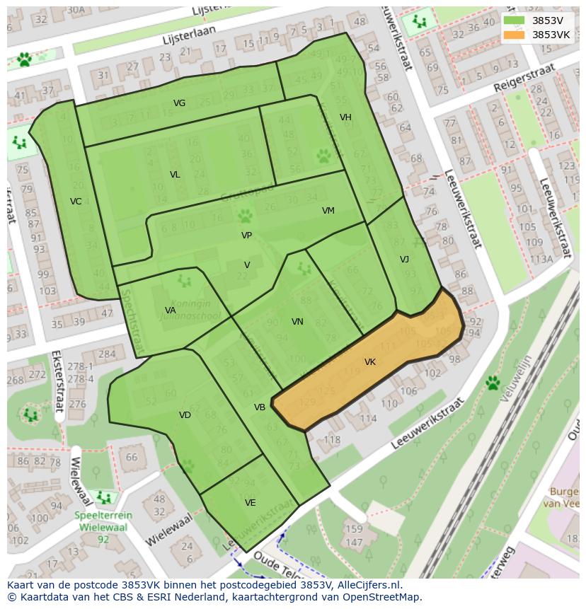 Afbeelding van het postcodegebied 3853 VK op de kaart.