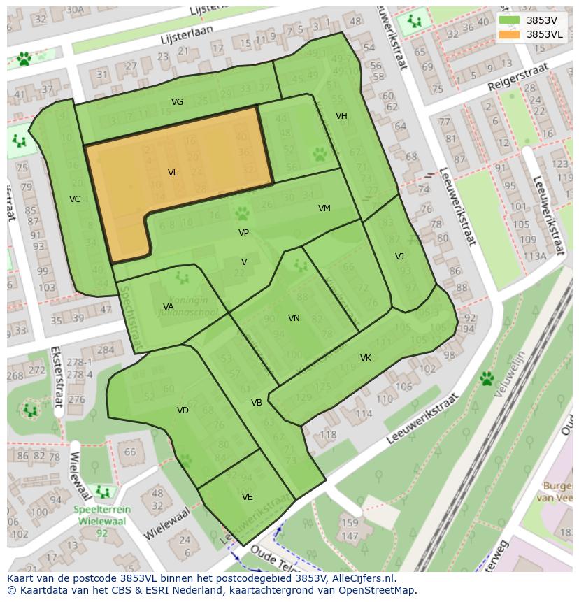 Afbeelding van het postcodegebied 3853 VL op de kaart.