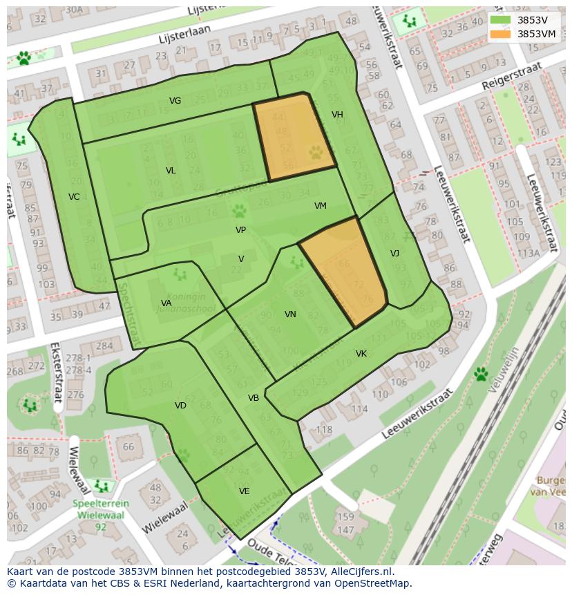 Afbeelding van het postcodegebied 3853 VM op de kaart.