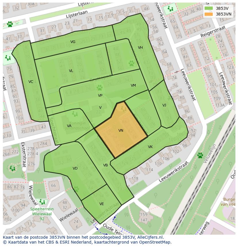 Afbeelding van het postcodegebied 3853 VN op de kaart.