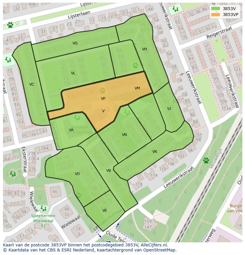 Afbeelding van het postcodegebied 3853 VP op de kaart.