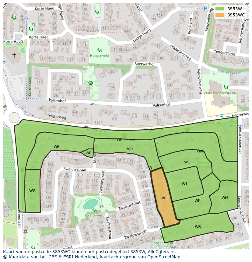 Afbeelding van het postcodegebied 3853 WC op de kaart.