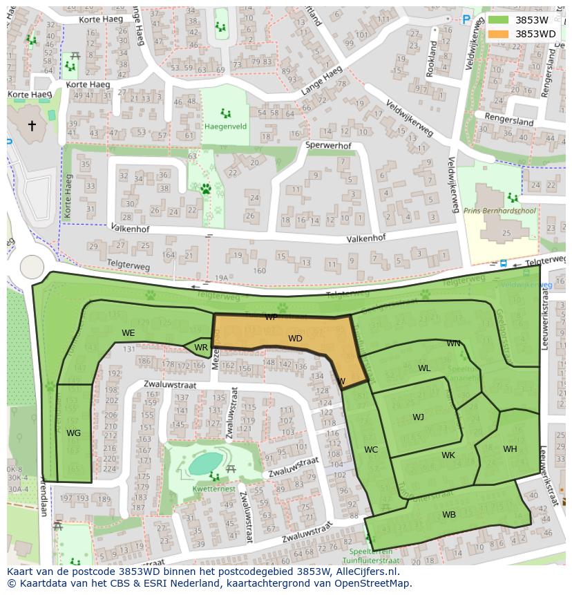 Afbeelding van het postcodegebied 3853 WD op de kaart.