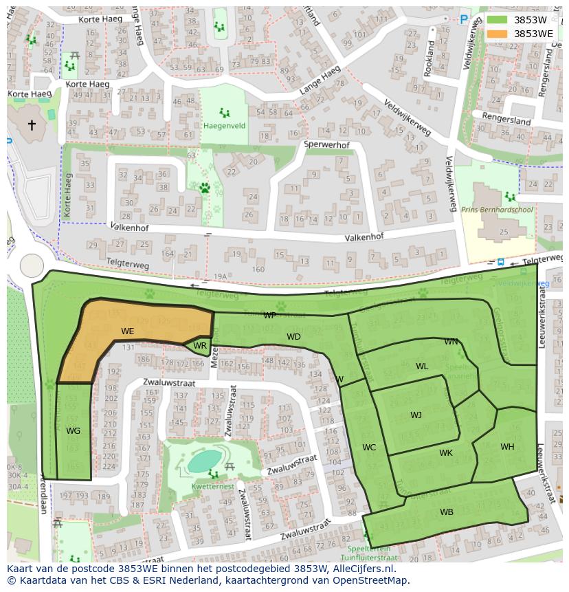Afbeelding van het postcodegebied 3853 WE op de kaart.