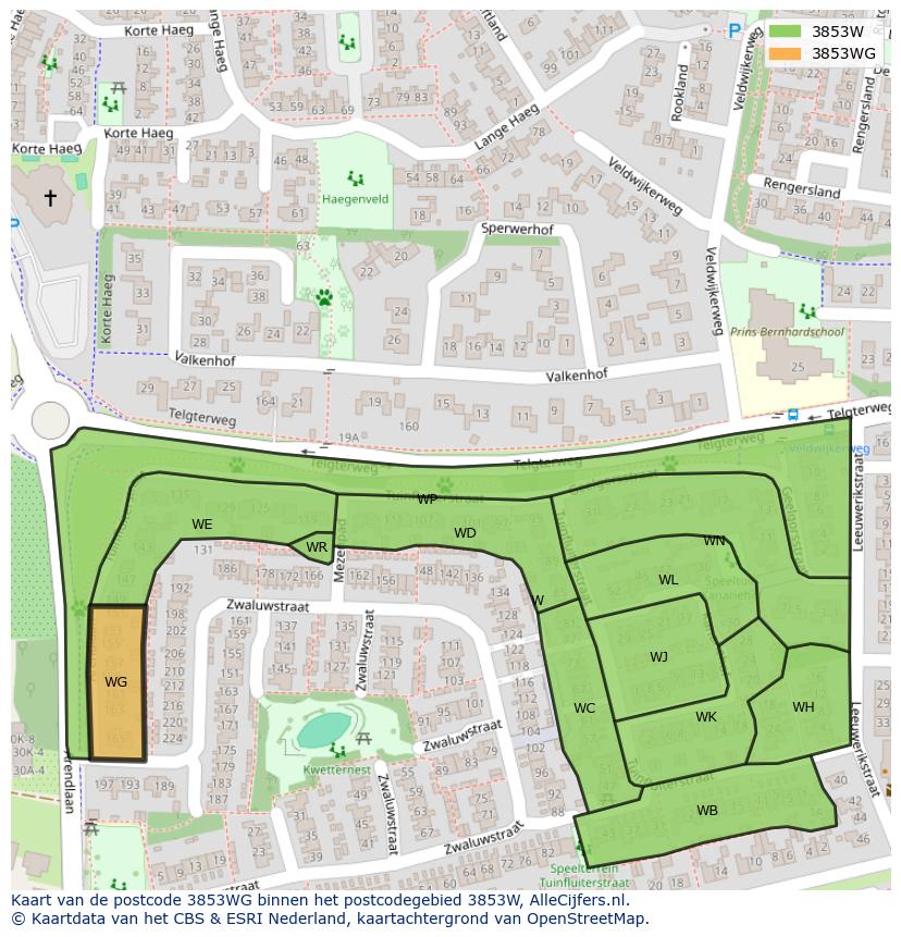 Afbeelding van het postcodegebied 3853 WG op de kaart.