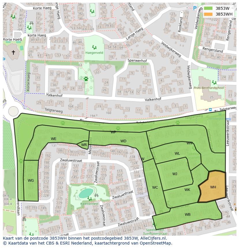 Afbeelding van het postcodegebied 3853 WH op de kaart.