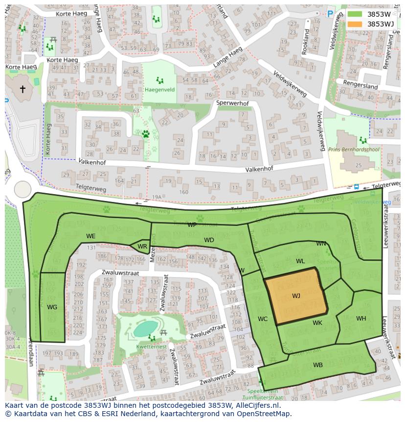 Afbeelding van het postcodegebied 3853 WJ op de kaart.