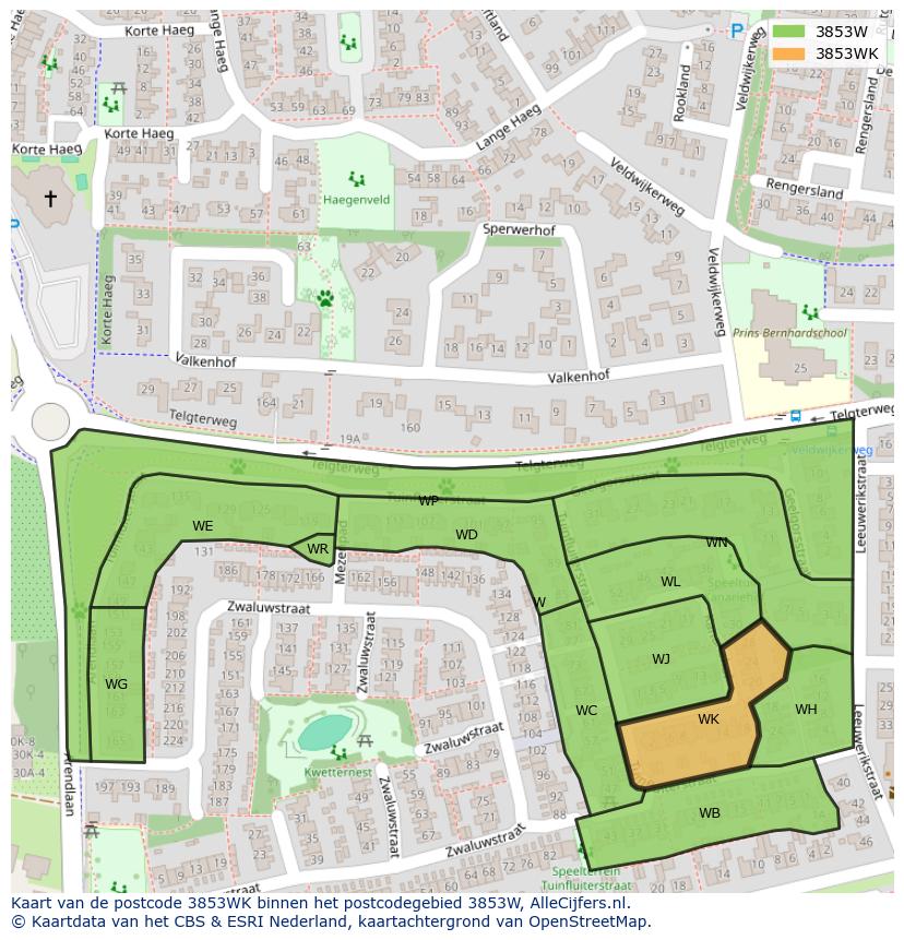 Afbeelding van het postcodegebied 3853 WK op de kaart.